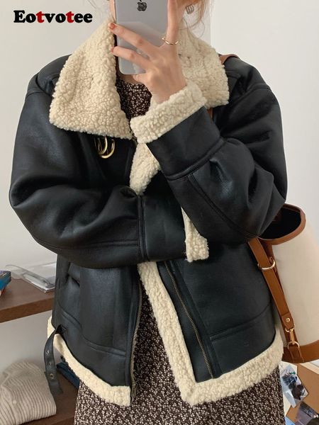 

womens leather faux eotvotee fur jacket winter lamb wool thicken locomotive lapel long sleeve female coat black coffee chic pu outerwear 221