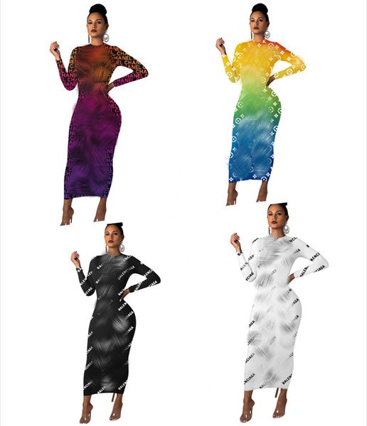 

2023 designer brand dresses women fall winter clothing lady maxi dress print party club robes long sleeve vestidos bodycon one piece outfits, White;black