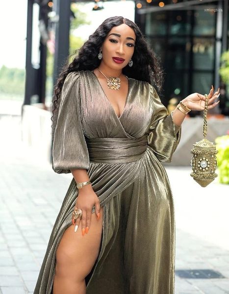 

ethnic clothing evening party dress women african clothes robe long plus size solid gold v-neck split high waist pleated ninght, Red