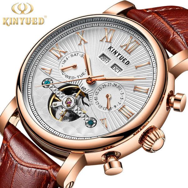 

watch wrist kinyued jinyueda automatic perpetual calendar fashion leather men's hollow out mechanical, Slivery;brown
