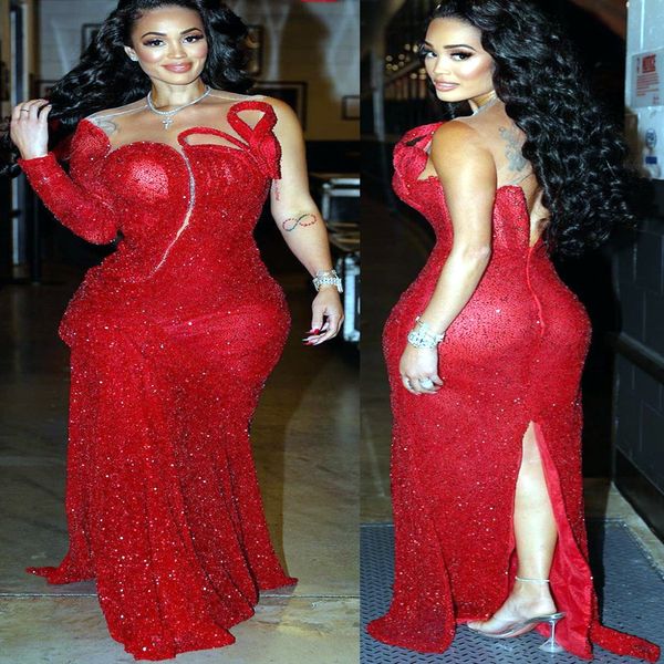 

2023 arabic aso ebi red mermaid prom dresses sequined lace evening formal party second reception birthday engagement gowns dress zj006, Black