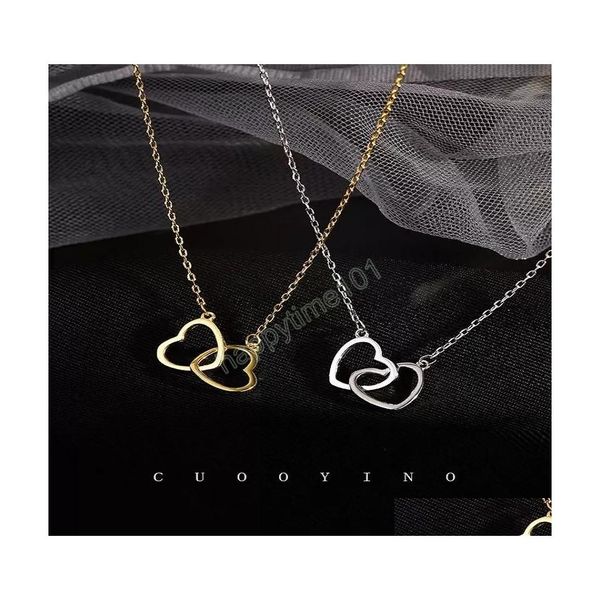 

pendant necklaces stainless steel double heart necklace love hearts shape buckle ring pendant clavicle chain fashion charm small gif dhwab, Silver