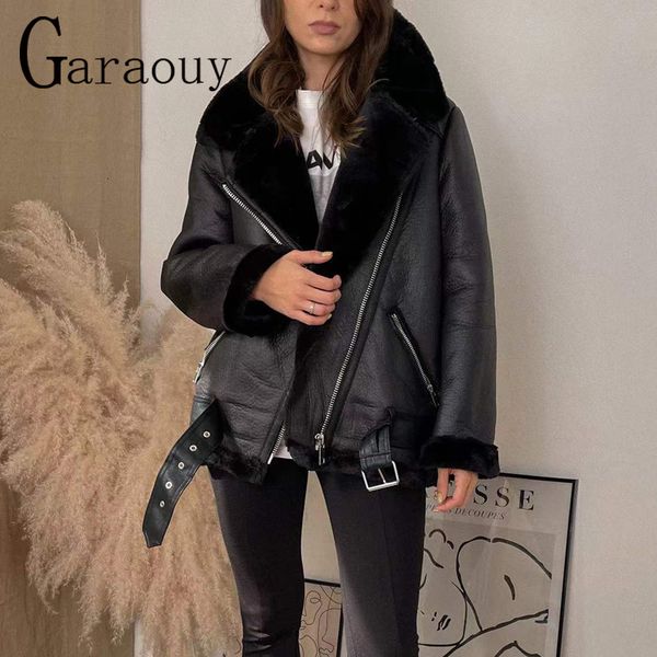 

womens leather faux garaouy women winter sheepskin coat thick warm lamb jacket with belt loose outerwear streetwear 221205, Black