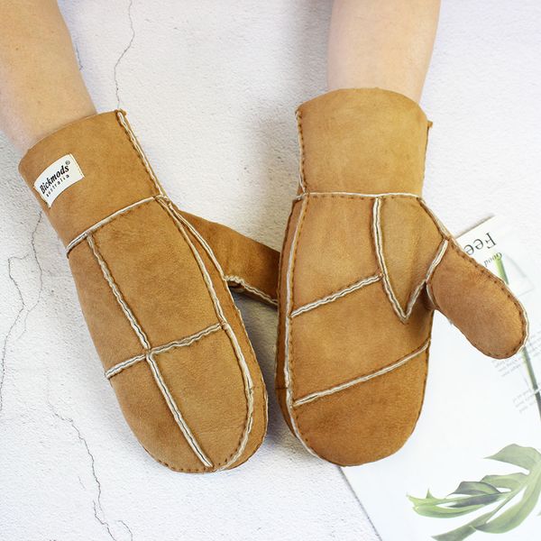 

five fingers gloves sheepskin fur women' winter cold warm men' leather thicken mittens hand sewn black wool 221203, Blue;gray