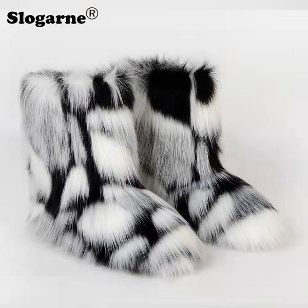 

boots women's winter colourful snow outdoor luxury furry faux female plush warm bottes woman fashion shoes 221203, Black