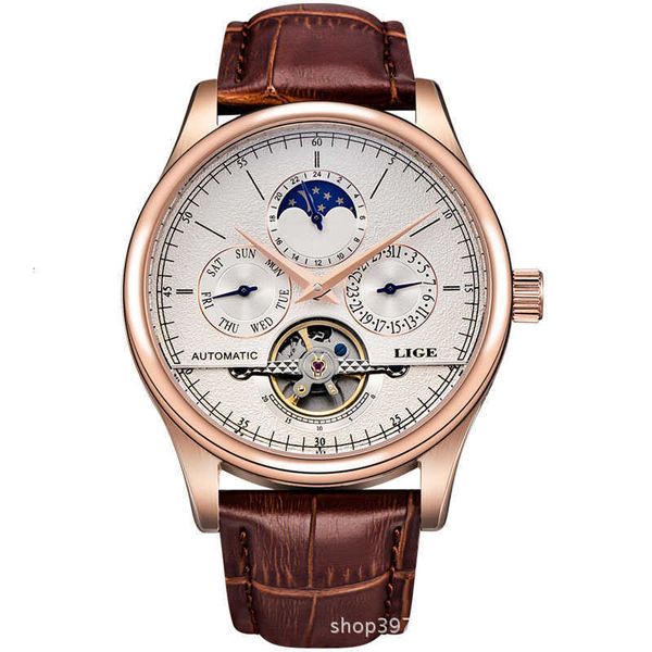 

watch wrist lige men's automatic mechanical real belt waterproof multi-function sports tourbillon watch, Slivery;brown