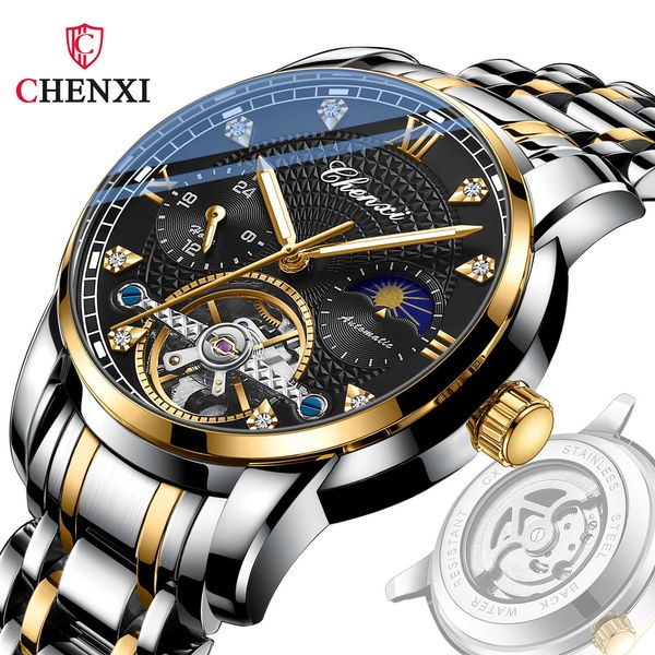 

watch wrist chenxi/dawn men's watch hollow flywheel sun moon star waterproof night glow fully automatic mechanical 8870, Slivery;brown
