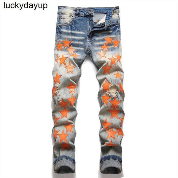 

men's jeans designer amirs new slim elastic jeans men's embroidered pointed star cat whisker worn streetwear jeans pants, Blue