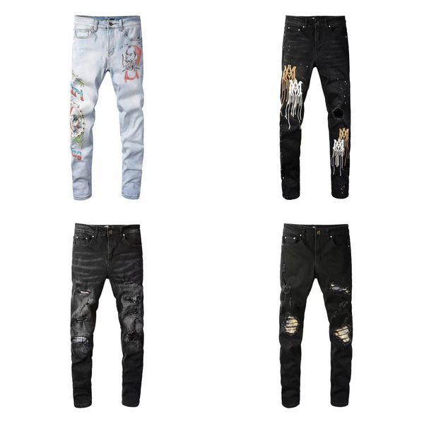 

men badge rips stretch black denim jeans men's fashion slim fit washed fit hole regular skinny ripped long distrressed straight zipper, Blue