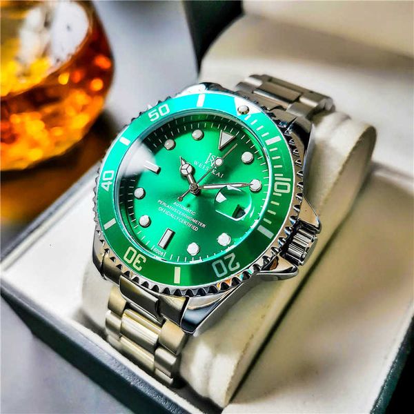 

watch wrist swiss wescade green water ghost fully automatic mechanical men's fine steel waterproof hollow luminous, Slivery;brown