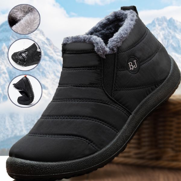 

boots men waterproof winter lightweight snow warm fur shoes plus size 47 ankle slip on casual 221205, Black
