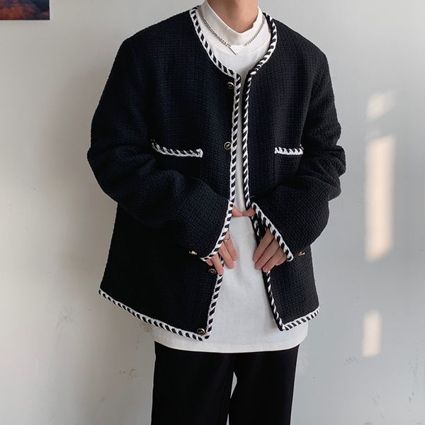 

men's wool blends winter thick woolen coat men warm fashion round neck woolen jacket men korean loose thicken short woolen coat mens ov, Black