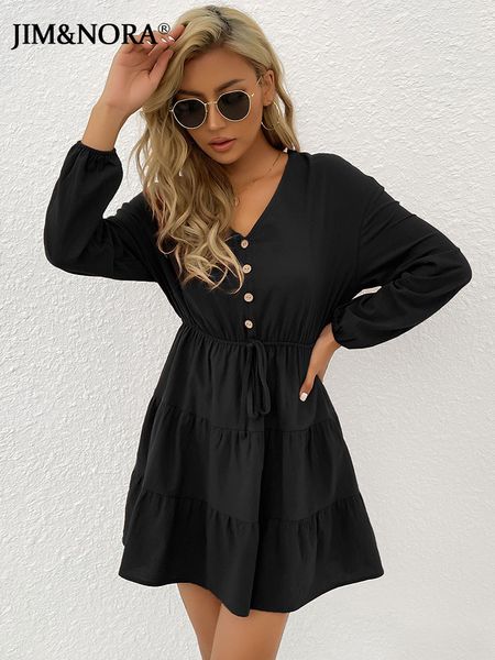 

party dresses jim nora casual women long sleeve v neck pleated mini dress autumn fashion ladies soild colour folds elegant vestidos 221203, White;black