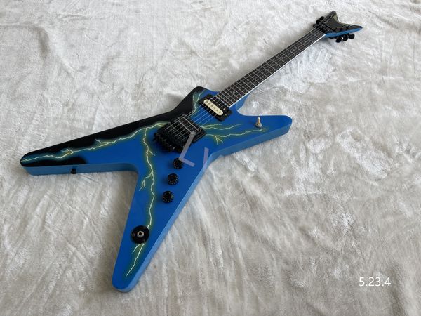 

electric guitar solid blue with lighten decal zebra neck pickup abalone dots inlay black parts floyd rose style tremolo