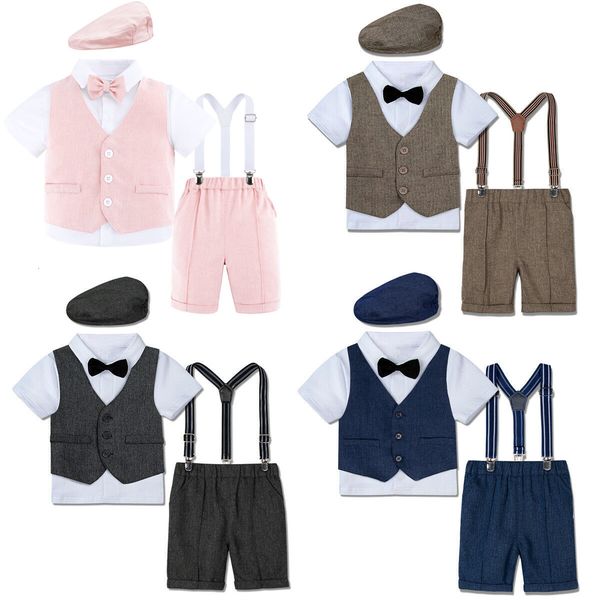 

suits baby boys outfits set infant formal toddler wedding birthday party costume blazer gentleman shirt shorts vest hat 4pcs 221205, Black
