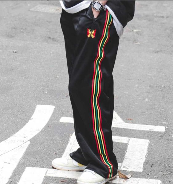 

men's pants 2022ss needles colored ribbon striped pants men women embroidery butterfly track drawstring trousers joggers t221205, Black
