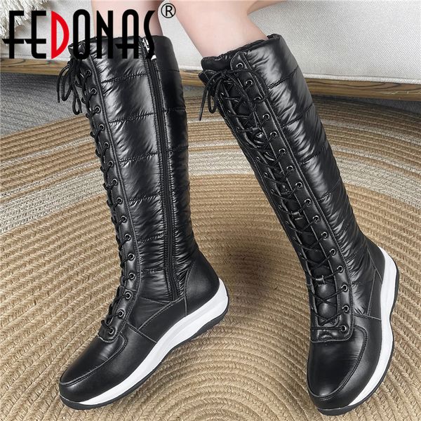 

boots fedonas cross-tied fashion warm zipper long women knee high outdoor winter plush shoes woman casual platforms flats 221205, Black