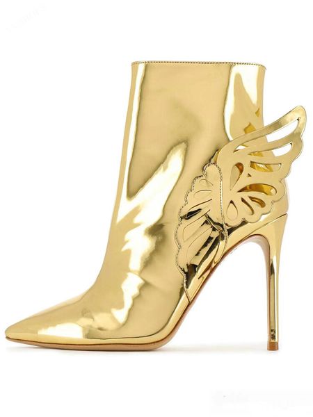 

brand women's boots 2023 new style pointed toe slim heel metal fabric irregular butterfly wing side zipper party boots fashion stage ni, Black