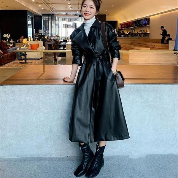 

women's trench coats fashion long pu leather coat with belt lady windbreaker waterpoof female outerwear spring autumn black, Tan;black