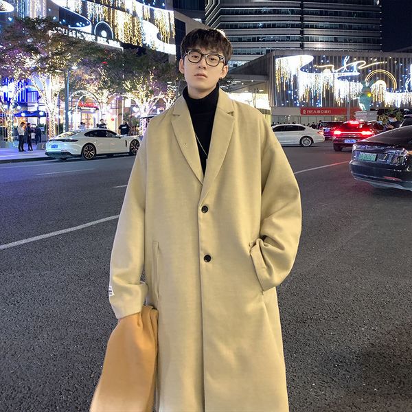 

men's wool blends korean men's coat woolen long coat loose casual singlebreasted couple overcoat autumn winter trend fashion large, Black