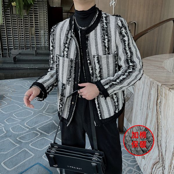 

men's wool blends winter thick woolen coat men warm fashion retro striped woolen jacket men korean loose short woolen coat mens thicken, Black