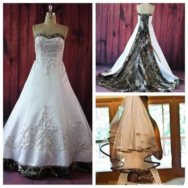 

2023 vintage camo wedding dresses a-line bridal gowns camouflage embroidered lace up plus size bride dress with picture color short veils co, White