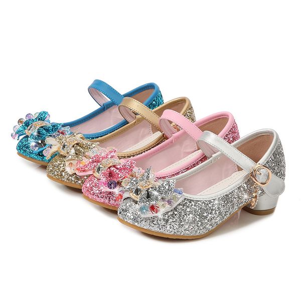 

sneakers girls high heels spring children princess crystal shoes kids party fashion sweet chic bow knot 221205, Black;red