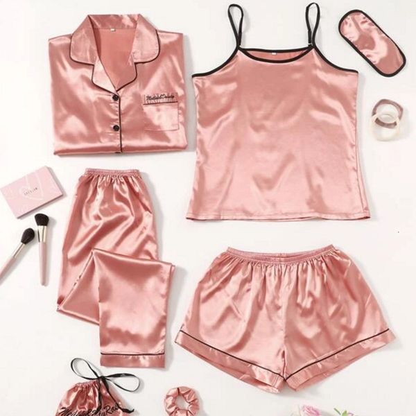 

womens sleepwear 5 pieces faux silk stain pajamas sets without chest pad pyjama sling shorts long sleeve pants 221205, Black;red