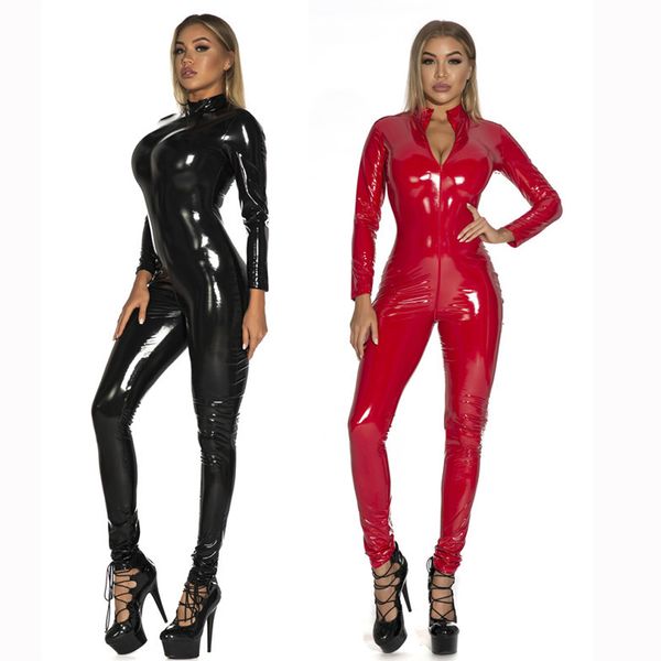 

set pvc erotic crotchless latex bodysuit double zipper dress for woman breast exposing open crotch leather catsuit lingerie 221205, Red;black