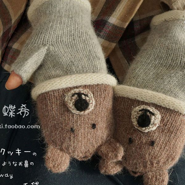 

fingerless gloves winter lolita kawaii cartoon lovely bear lion wool women japanese half finger warm thicken a282 221203, Blue;gray