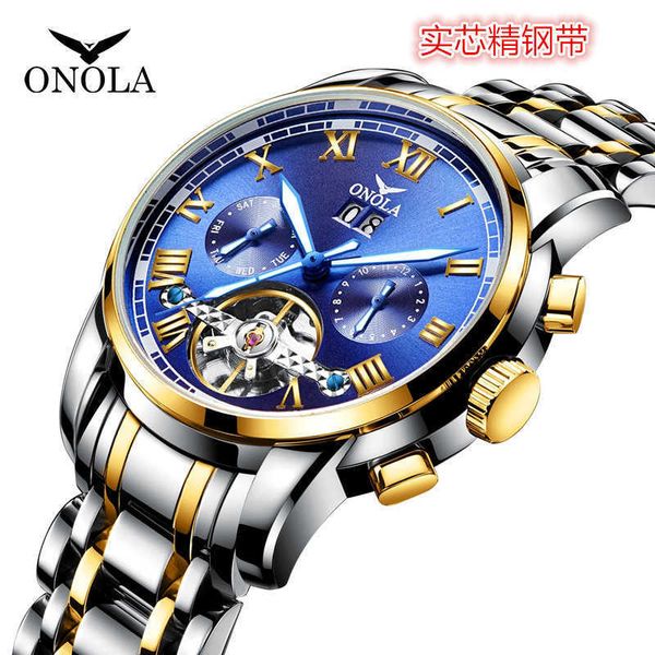 

watch wrist onola new business tourbillon hollow out automatic mechanical men's solid steel band waterproof, Slivery;brown