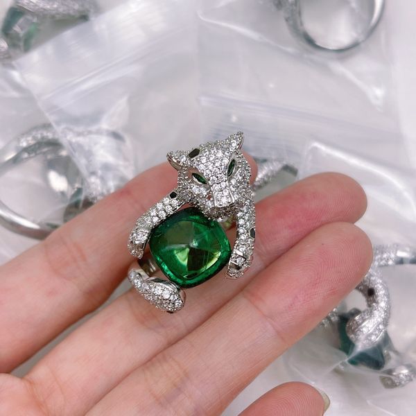 

cheetah brand ring natural green crystal panther ring counter quality official copy premium gift wedding open rings  with box 001, Silver