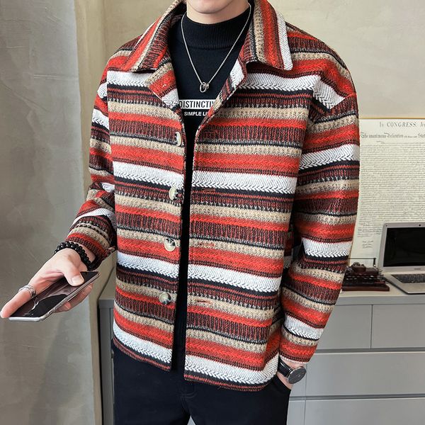 

men's wool blends winter thick woolen coat men slim warm fashion retro striped woolen jacket mens korean thicken short woolen coat men, Black