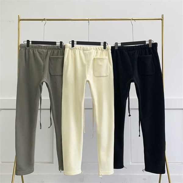 

men essentials polar fleece sweatpants double line drawstring pants couple hip hop trousers loose high street casual pant, Black