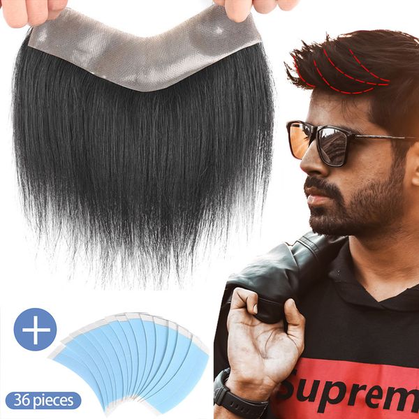 

bangs men's forehead frontal v style hair piece v loop front hairline with tapes for men remy hair replacement system 221205, Black