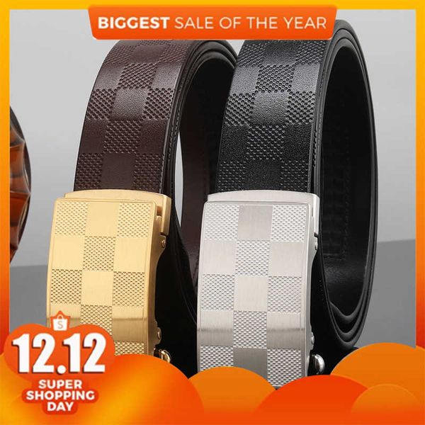 

fashion and luxury design belt luxury leather male allergy proof stainls steel automatic buckle new cowhide checkered pattern young busins m, Black;brown