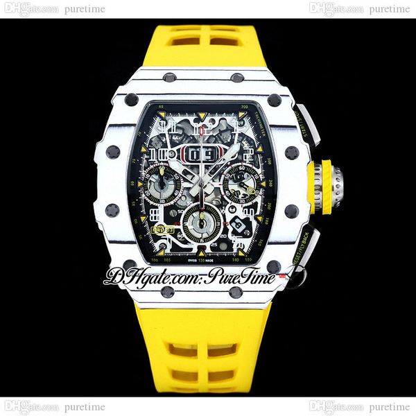

zyf 11-fm a7750 automatic chronograph mens watch white carbon fiber case big date skeleton dial yellow crown rubber strap watches super edit, Slivery;brown