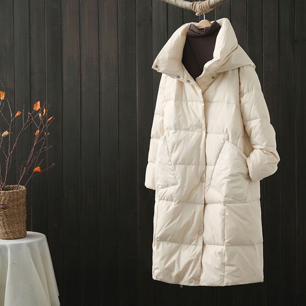 

women's down parkas standup collar hooded slot pocket long 90 white duck down jacket women winter loose warm highend large size 221205, Black