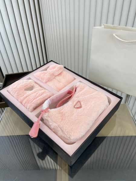 

fashion totes bag villus women handbag shoulder bags hat scarf luxury designer winter warm cap muffler 3 pcs suit cold proof