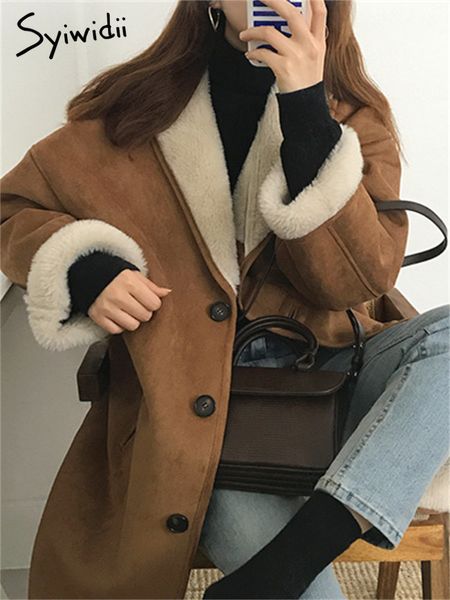 

womens leather faux syiwidii fur coat women winter camel loose spliced lamb thick warm vintage harajuku french style outerwear 221205, Black