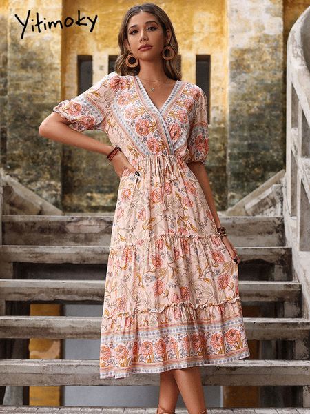 

party dresses women vintage floral dress bohemian vneck summer beach holiday clothe midcalf ruffled loose pink short sleeve 221203, White;black