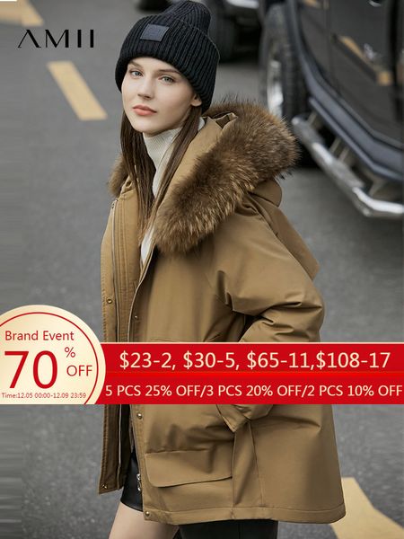 

women s down parkas amii minimalism winter warm jacket women parka coats raccoon fur collar hooded pocket loose woman jackets 12141101 22120, Black
