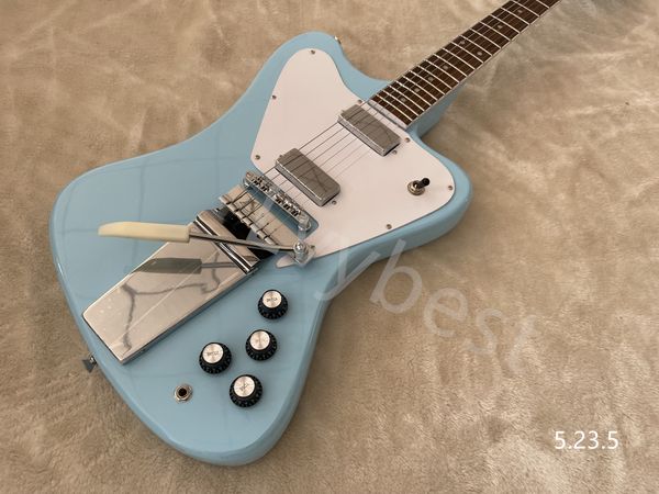 

electric guitar thin blue solid color mini humbucker hh long tail 4 pots white pickguard rosewood fingerboard dots inlay