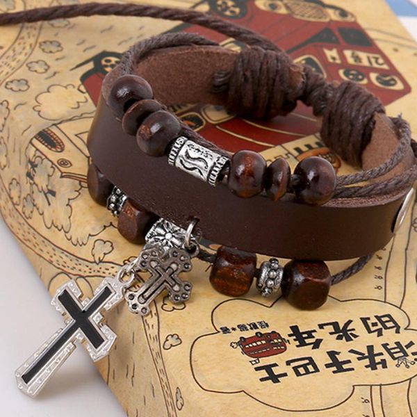

update jesus cross bracelet bead strands leather multilayer wrap bracelets bangle cuff jewelry, Black
