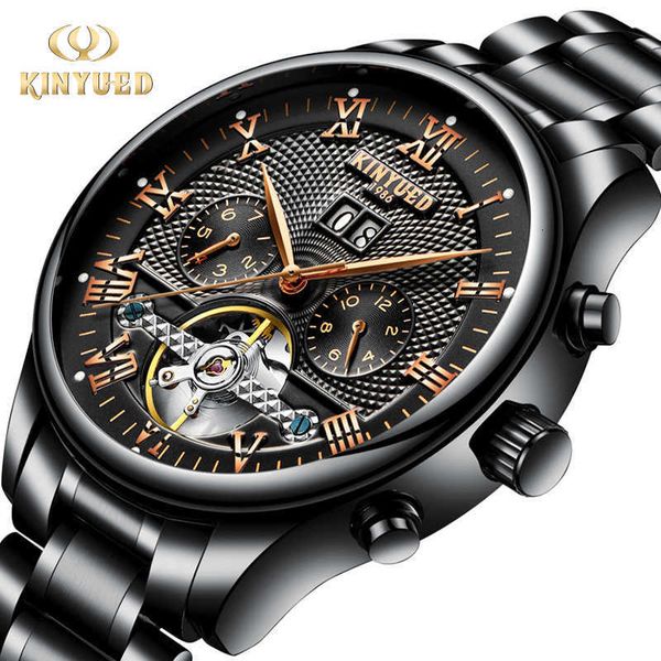 

watch wrist kinyued multifunctional fashion waterproof transparent steel band full-automatic mechanical men's business, Slivery;brown