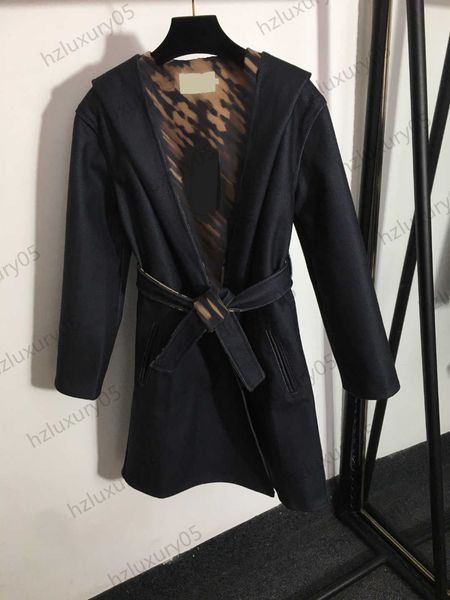 

womens coat wool blends letter jacquard lining lace-up open collect waist slimming trench coats lapels long sleeves hooded outerwear brand w, Black