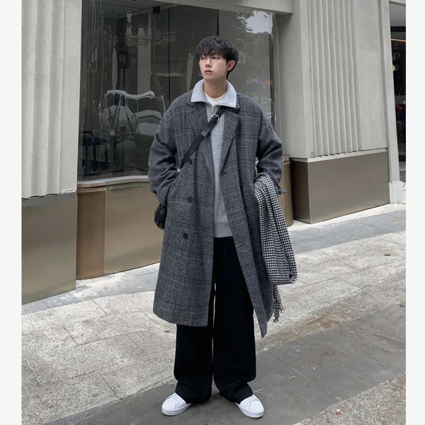 

men's wool blends winter plaid woolen coat men warm fashion casual oversized long woolen coat men korean loose trench coat mens overcoa, Black