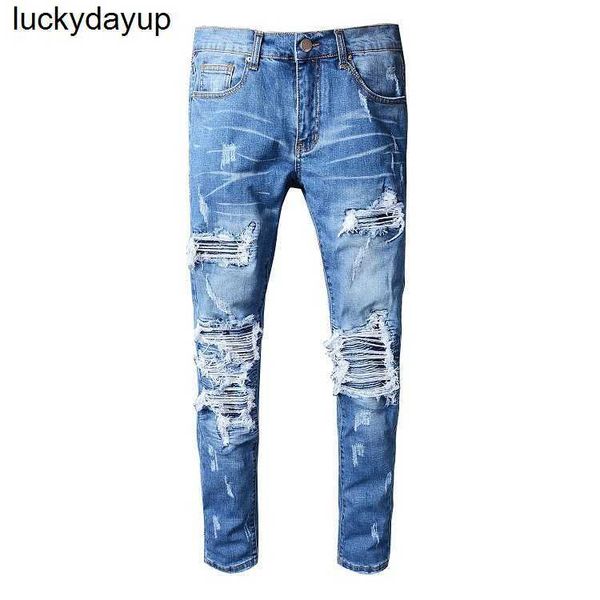 

men's jeans designer fashion brand men's hole patch jeans fashion personality amirs streetwear jeabs pants, Blue