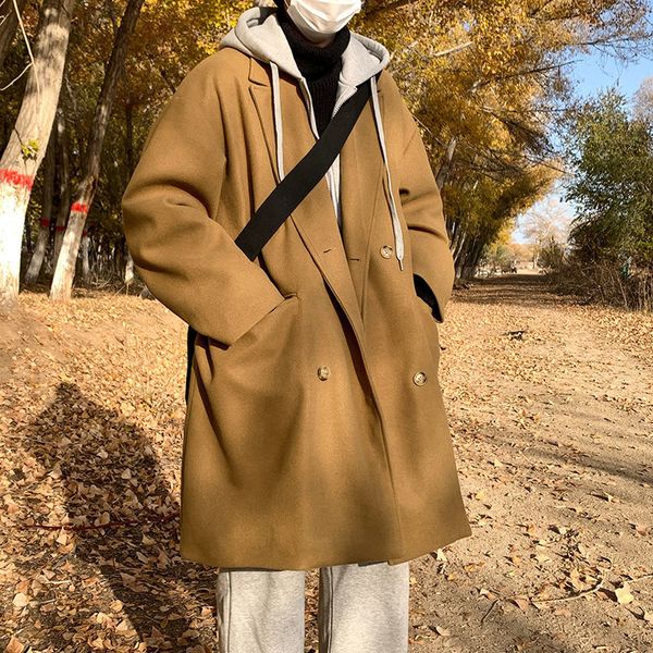 

men's wool blends winter thicke hooded woolen coat men warm fashion casual long woolen coat men korean loose oversized trench coat mens, Black