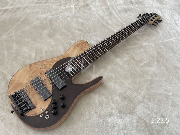 

electric guitar 6 string bass natural color satin burl flame with yinyang effect sun inlay on fingerboard end